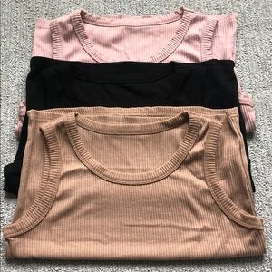 3 Ribbed Tank Tops - Pink, Black & Tan
